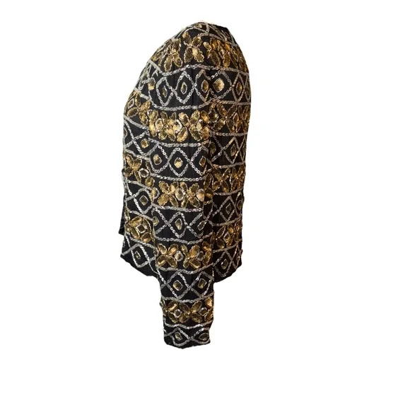 VTG Talbots‎ AJ Bari Beaded Sequin Silk Trophy Jacket Bronze Silver Black Large